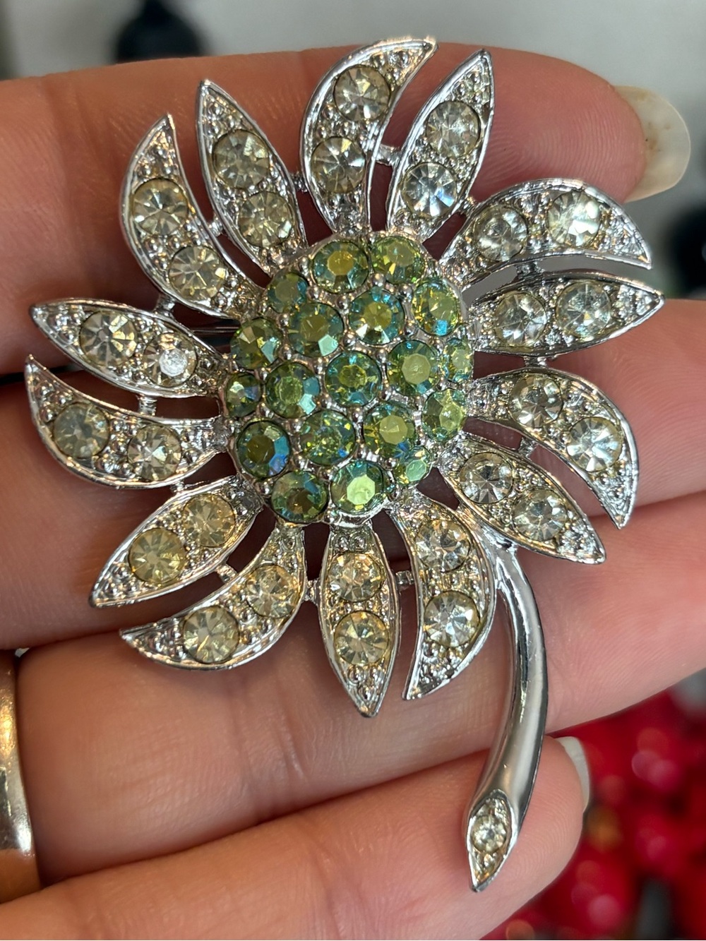 Sarah Coventry Green Rhinestone Flower Brooch